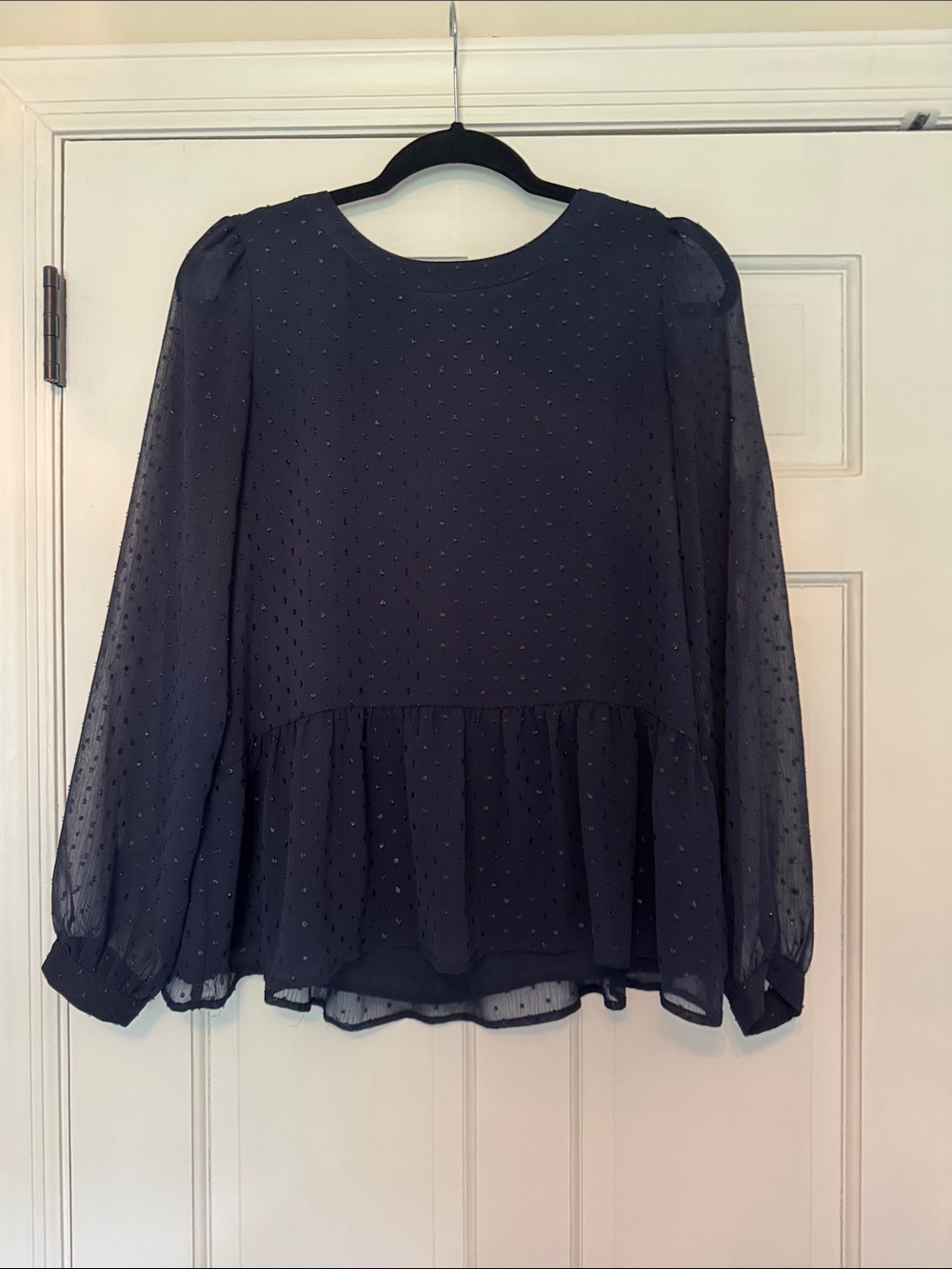 LOFT Navy Sheer Swiss Dot Peplum Blouse